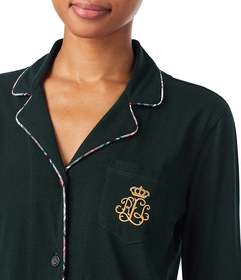 Lauren Ralph Lauren Long Sleeve Notch Collar Knit Holiday Plaid Long Pajama Set
