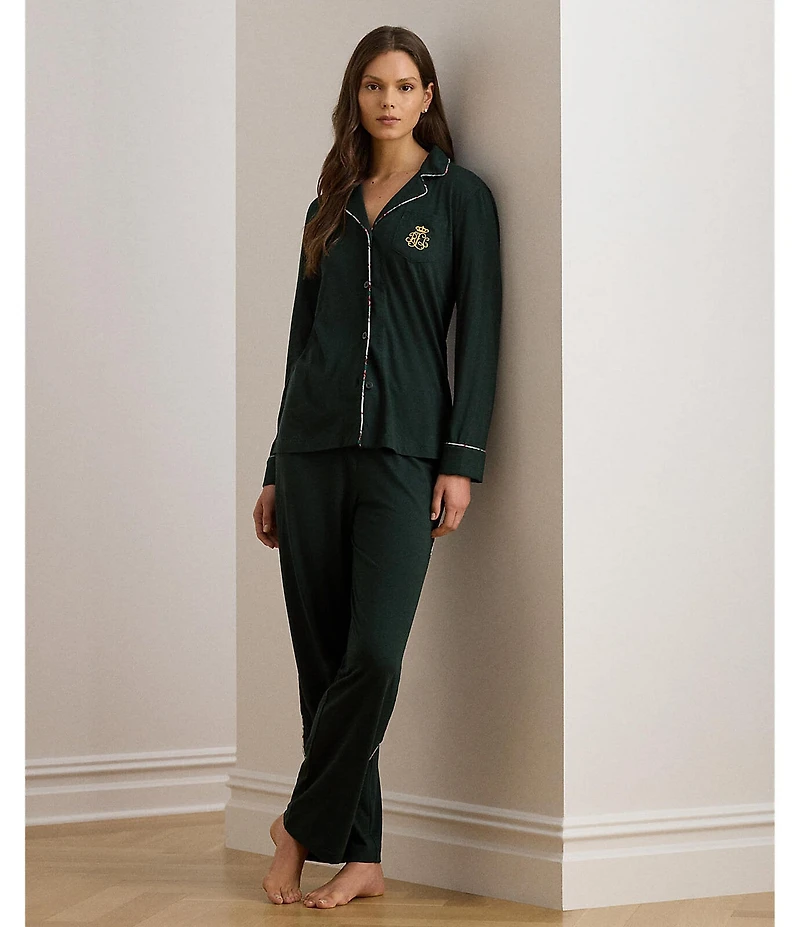 Lauren Ralph Lauren Long Sleeve Notch Collar Knit Holiday Plaid Long Pajama Set