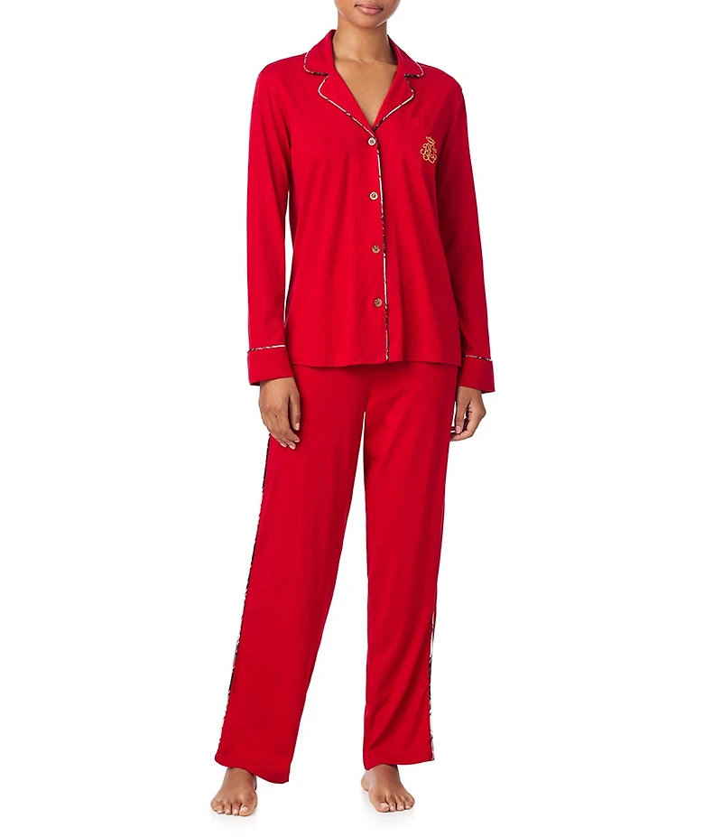 Lauren Ralph Lauren Long Sleeve Notch Collar Knit Holiday Plaid Long Pajama Set