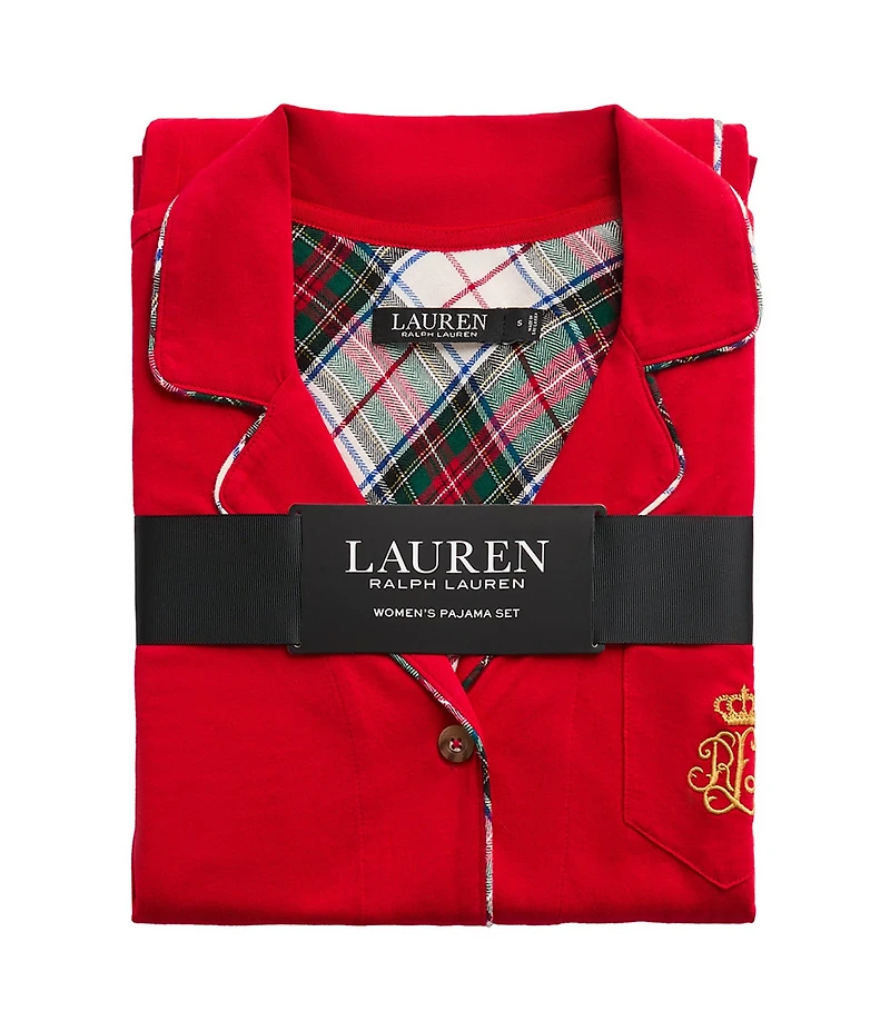 Lauren Ralph Lauren Long Sleeve Notch Collar Knit Holiday Plaid Long Pajama Set