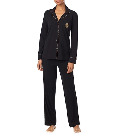 Lauren Ralph Lauren Long Sleeve Notch Collar Knit Leopard Print Piping Long Pajama Set