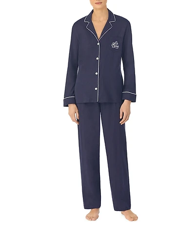 Lauren Ralph Lauren Long Sleeve Notch Collar Knit Long Cursive Monogram Pajama Set