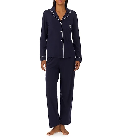 Lauren Ralph Lauren Long Sleeve Notch Collar Knit Long Cursive Monogram Pajama Set