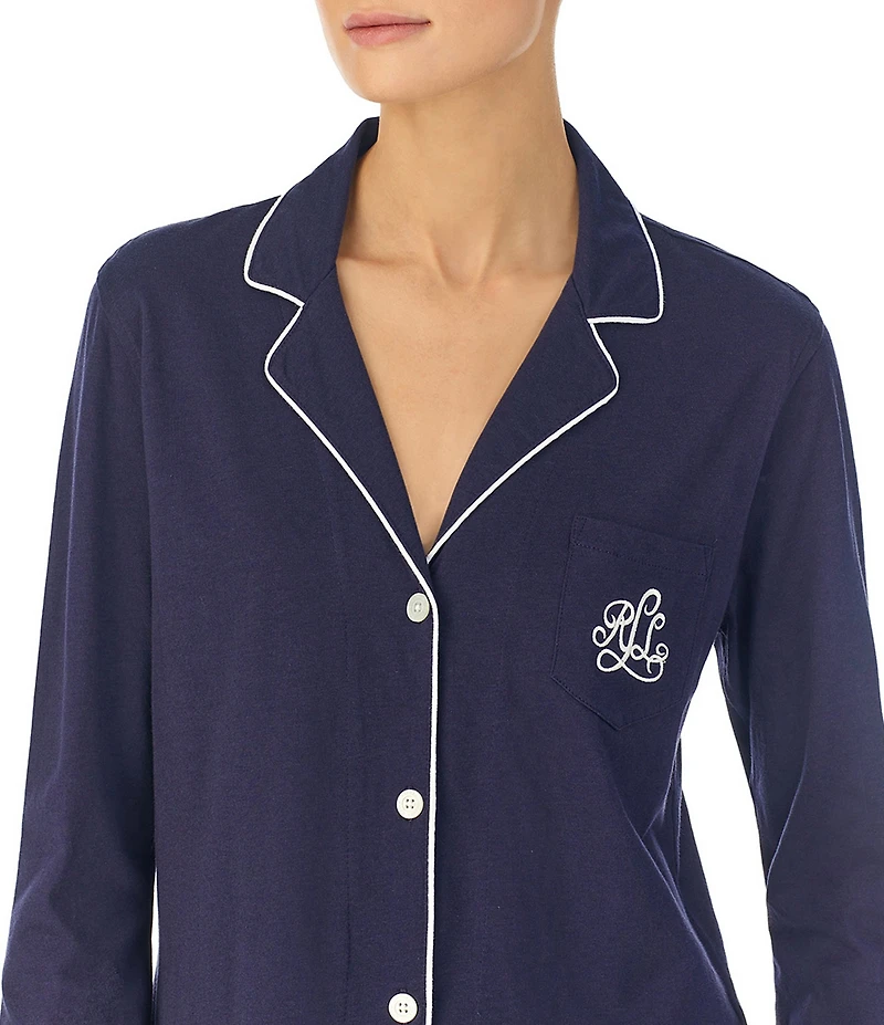 Lauren Ralph Lauren Long Sleeve Notch Collar Knit Long Cursive Monogram Pajama Set
