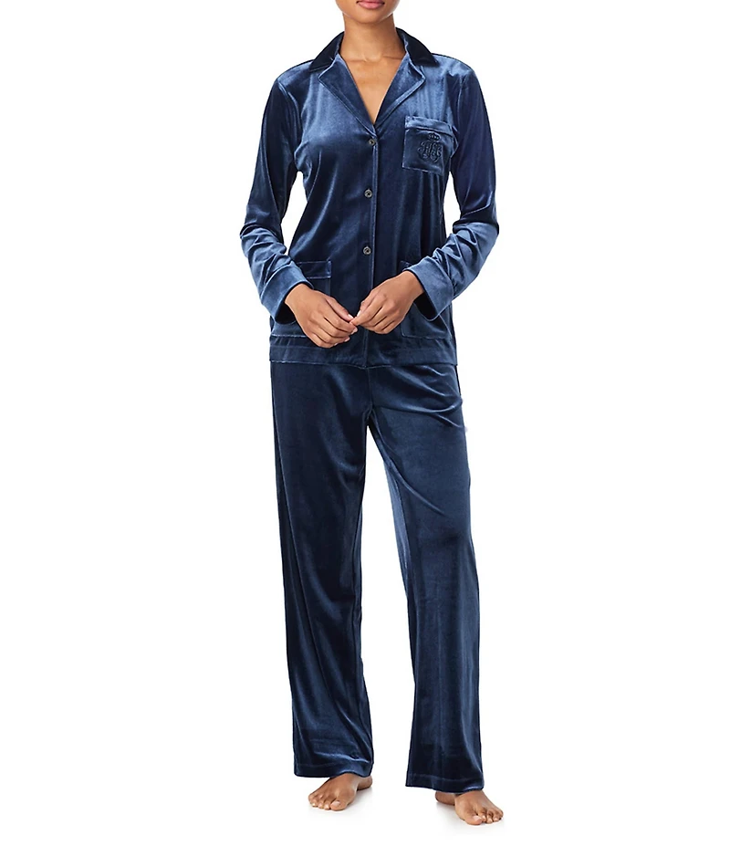Lauren Ralph Lauren Long Sleeve Notch Collar Long Velvet Pajama Set