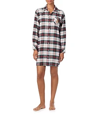 Lauren Ralph Lauren Long Sleeve Notch Collar Plaid Brushed Twill Holiday Button-Front Sleepshirt