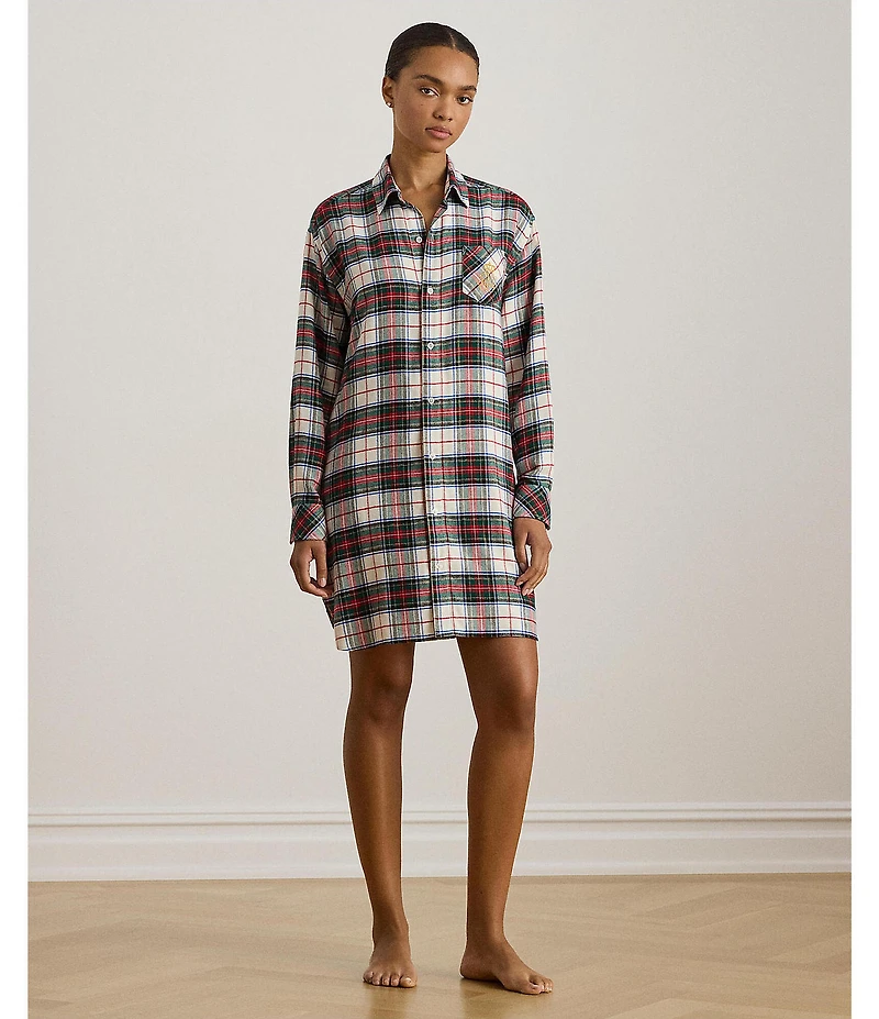 Lauren Ralph Lauren Long Sleeve Notch Collar Plaid Brushed Twill Holiday Button-Front Sleepshirt