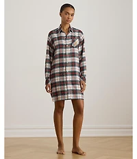 Lauren Ralph Lauren Long Sleeve Notch Collar Plaid Brushed Twill Holiday Button-Front Sleepshirt