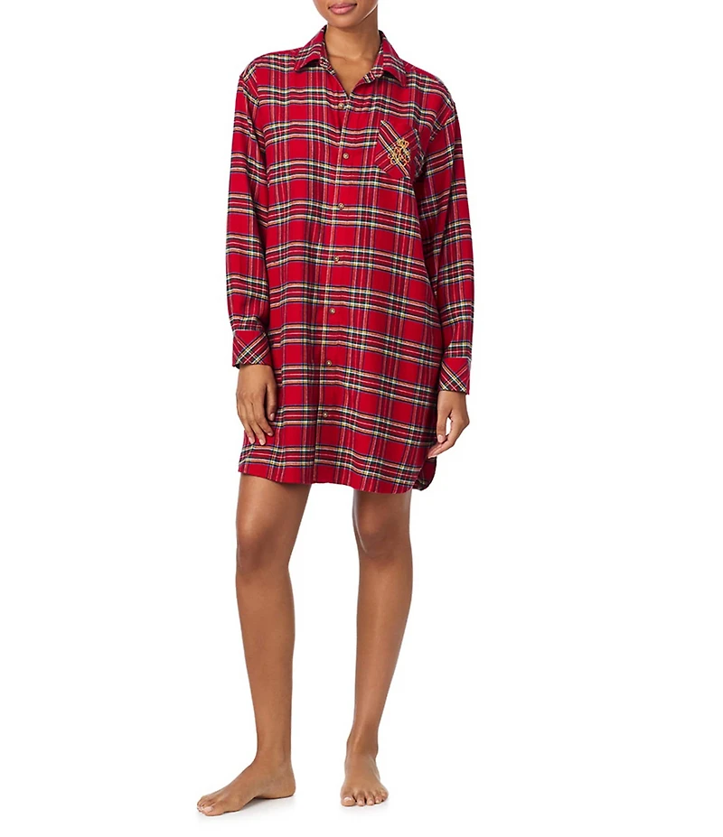 Lauren Ralph Lauren Brushed Twill Long Sleeve Notch Collar Plaid Holiday Button Front Sleepshirt
