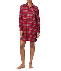 Lauren Ralph Lauren Brushed Twill Long Sleeve Notch Collar Plaid Holiday Button Front Sleepshirt