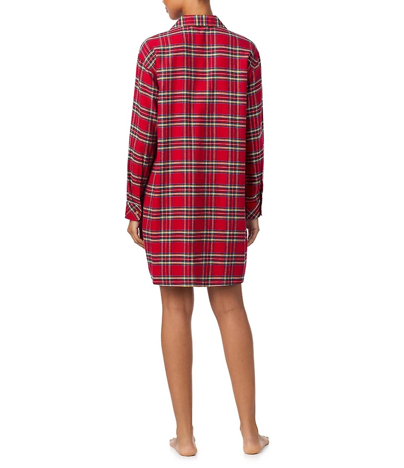 Lauren Ralph Lauren Brushed Twill Long Sleeve Notch Collar Plaid Holiday Button Front Sleepshirt