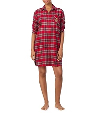 Lauren Ralph Lauren Brushed Twill Long Sleeve Notch Collar Plaid Holiday Button Front Sleepshirt