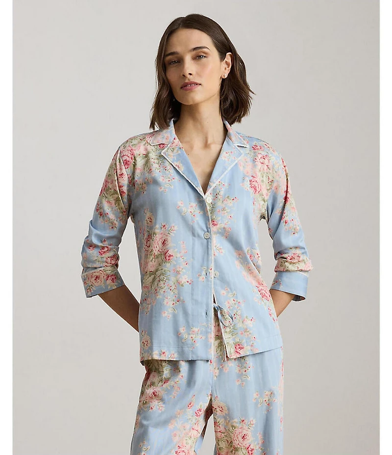 Lauren Ralph Lauren Long Sleeve Notch Collar Woven Sateen Floral Print Long Pajama Set