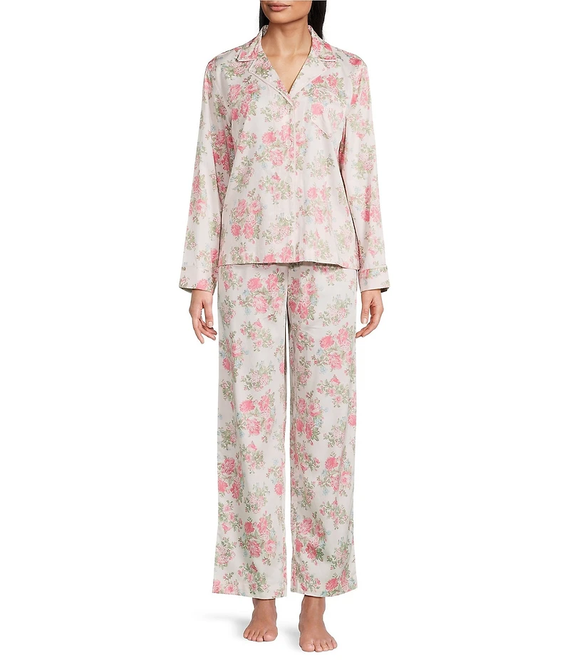 Lauren Ralph Lauren Long Sleeve Notch Collar Woven Sateen Floral Print Long Pajama Set