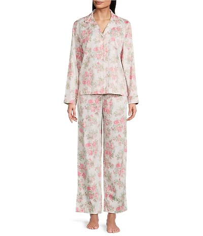 Lauren Ralph Lauren Long Sleeve Notch Collar Woven Sateen Floral Print Long Pajama Set