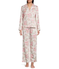 Lauren Ralph Lauren Long Sleeve Notch Collar Woven Sateen Floral Print Long Pajama Set