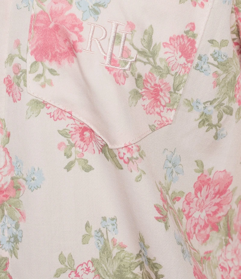 Lauren Ralph Lauren Long Sleeve Notch Collar Woven Sateen Floral Print Long Pajama Set