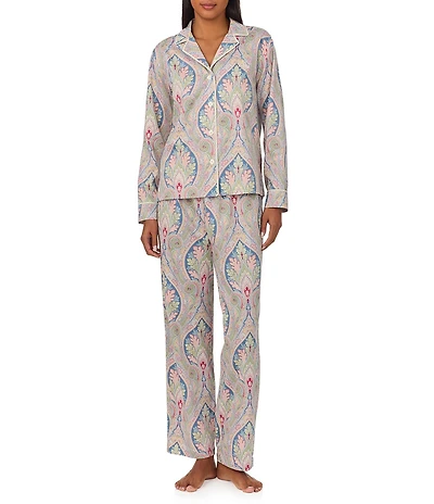 Lauren Ralph Lauren Long Sleeve Notch Collar Woven Sateen Paisley Pajama Set