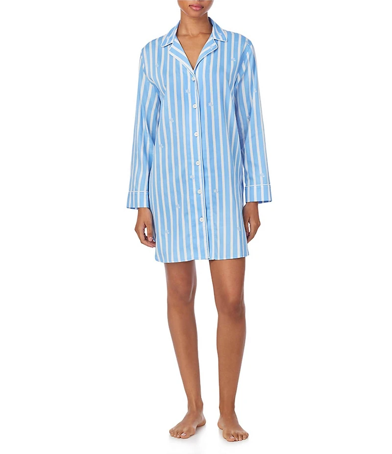 Lauren Ralph Lauren Long Sleeve Notch Collar Woven Sateen Stripe Print Sleepshirt