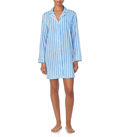 Lauren Ralph Lauren Long Sleeve Notch Collar Woven Sateen Stripe Print Sleepshirt