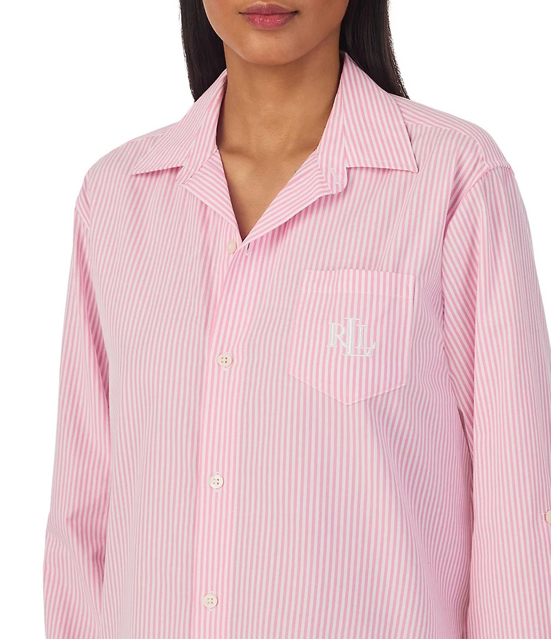 Lauren Ralph Lauren Long Sleeve Roll Tab Woven Button-Front Striped Nightshirt