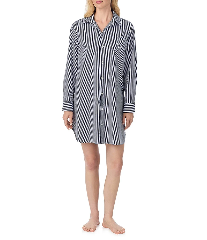 Lauren Ralph Lauren Long Sleeve Roll Tab Woven Button-Front Striped Nightshirt