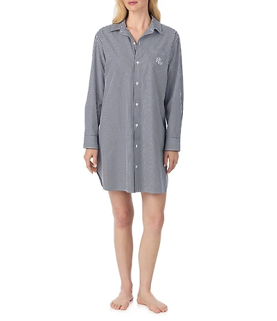 Lauren Ralph Lauren Long Sleeve Roll Tab Woven Button-Front Striped Nightshirt