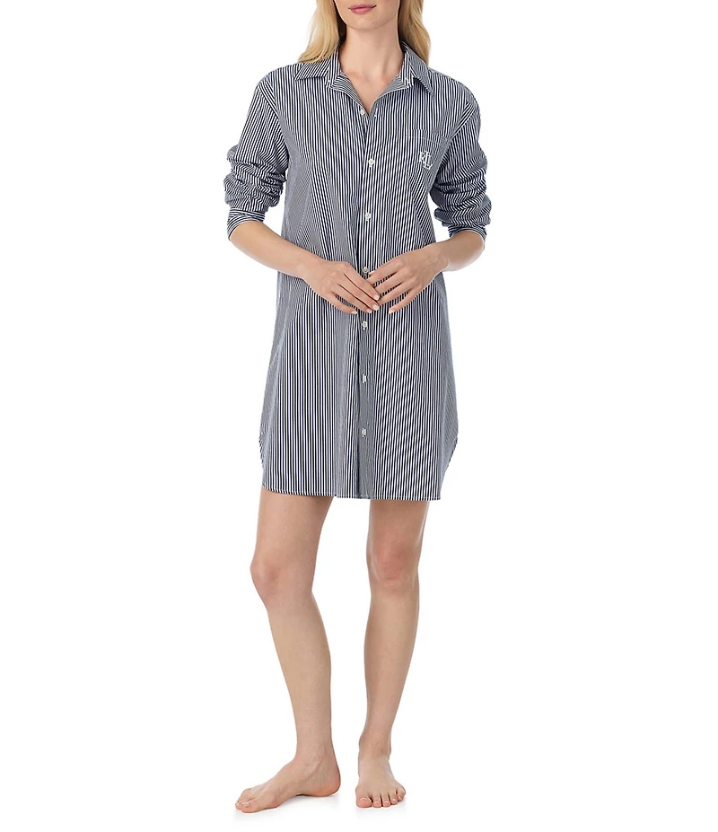 Lauren Ralph Lauren Long Sleeve Roll Tab Woven Button-Front Striped Nightshirt