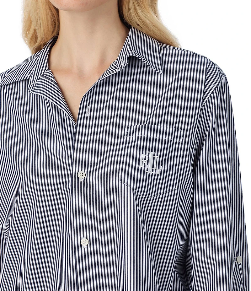 Lauren Ralph Lauren Long Sleeve Roll Tab Woven Button-Front Striped Nightshirt