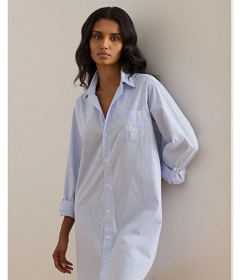 Lauren Ralph Lauren Long Sleeve Roll Tab Woven Button-Front Striped Nightshirt