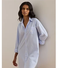 Lauren Ralph Lauren Long Sleeve Roll Tab Woven Button-Front Striped Nightshirt