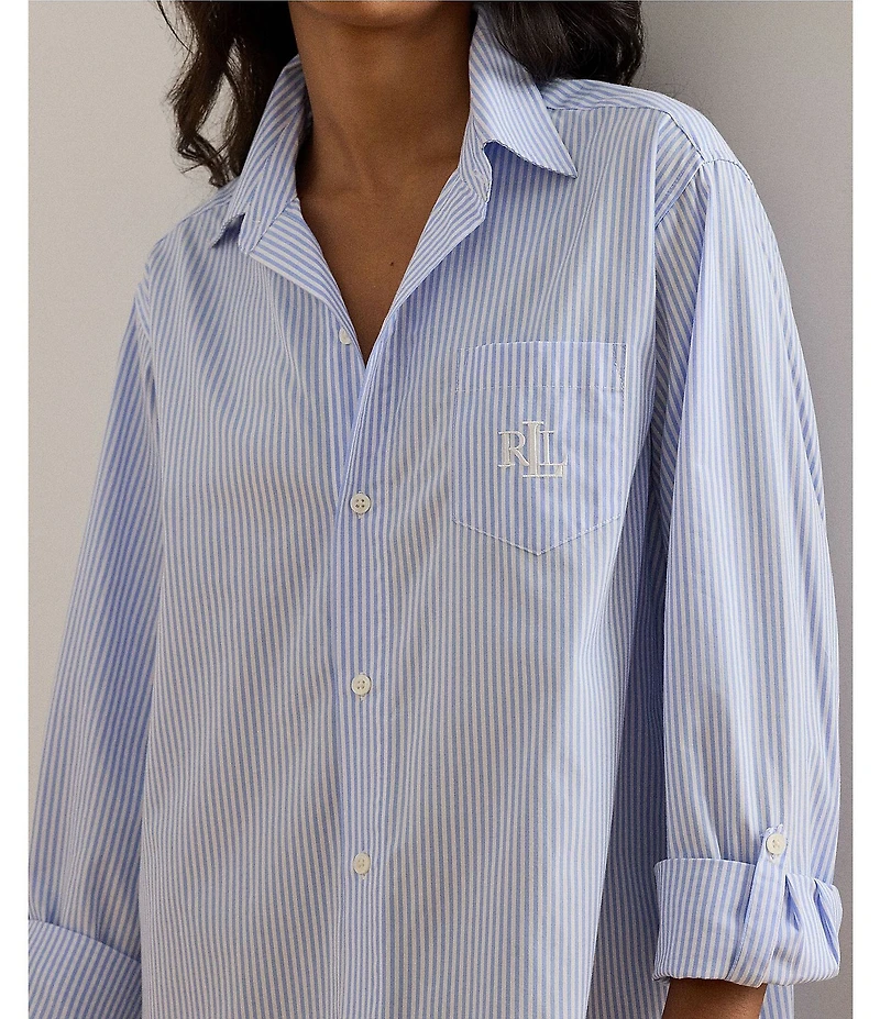 Lauren Ralph Lauren Long Sleeve Roll Tab Woven Button-Front Striped Nightshirt