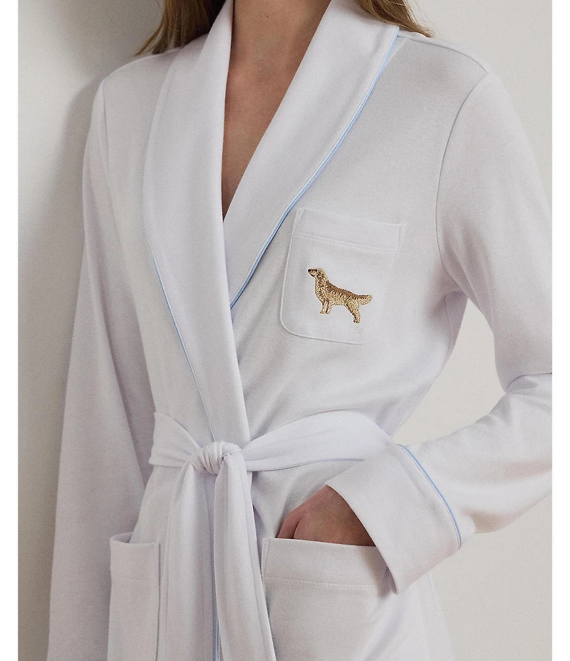 Lauren Ralph Lauren Long Sleeve Shawl Collar Interlock Knit Dog Logo Short Robe