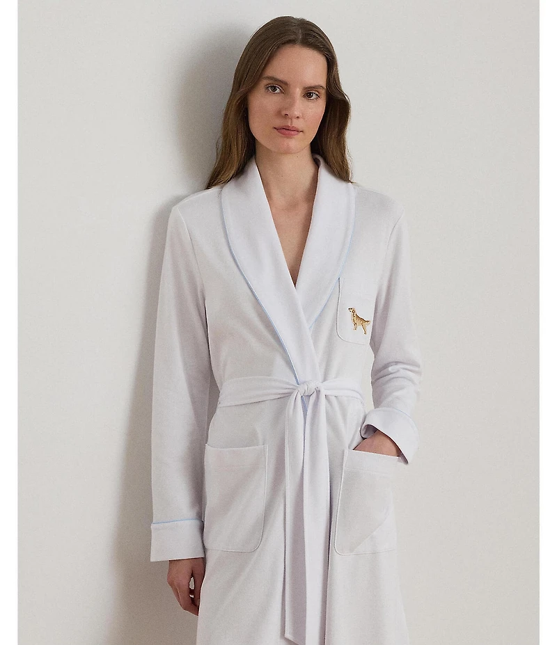 Lauren Ralph Lauren Long Sleeve Shawl Collar Interlock Knit Dog Logo Short Robe