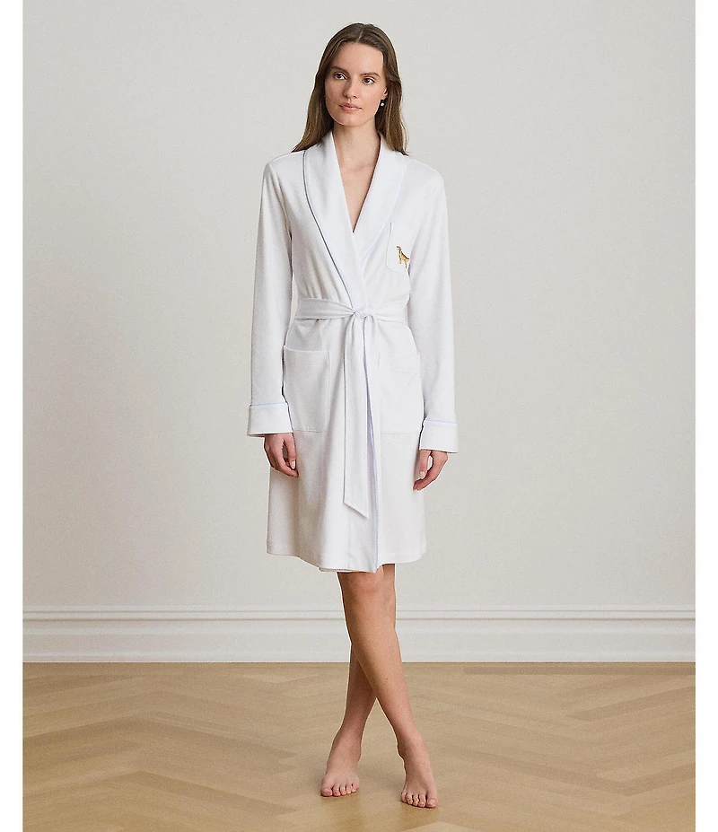 Lauren Ralph Lauren Long Sleeve Shawl Collar Interlock Knit Dog Logo Short Robe