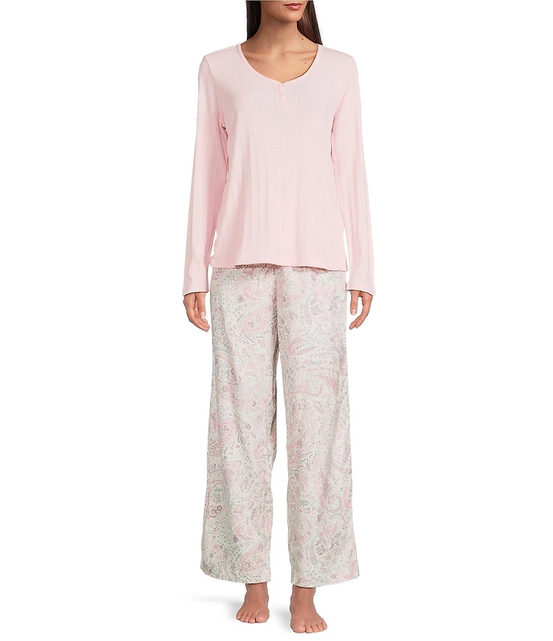 Lauren Ralph Lauren Long Sleeve V-Neck Knit Top & Long Brushed Twill Long Pajama Set