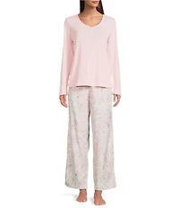 Lauren Ralph Lauren Long Sleeve V-Neck Knit Top & Long Brushed Twill Long Pajama Set