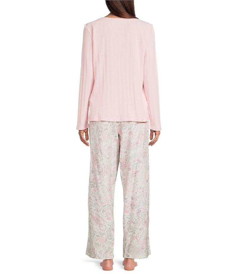 Lauren Ralph Lauren Long Sleeve V-Neck Knit Top & Long Brushed Twill Long Pajama Set