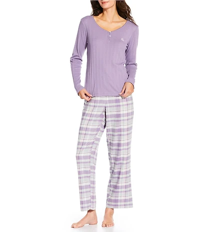 Lauren Ralph Lauren Long Sleeve V-Neck Knit Top & Long Brushed Twill Long Pajama Set
