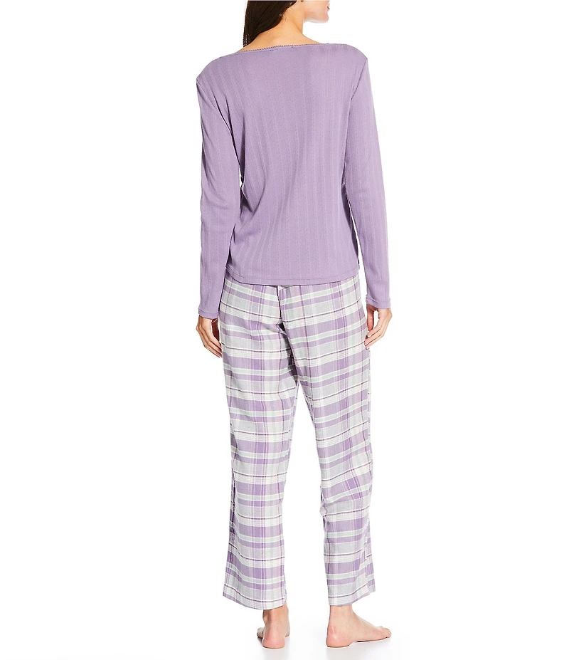 Lauren Ralph Lauren Long Sleeve V-Neck Knit Top & Long Brushed Twill Long Pajama Set