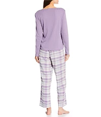 Lauren Ralph Lauren Long Sleeve V-Neck Knit Top & Long Brushed Twill Long Pajama Set
