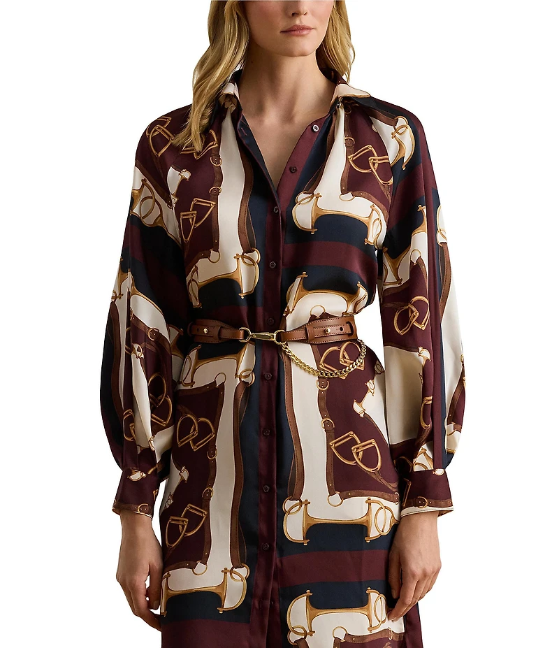 Lauren Ralph Lauren Luxe Twill Equestrian Inspired Print Point Collar Long Sleeve Button Front Midi Shirtdress