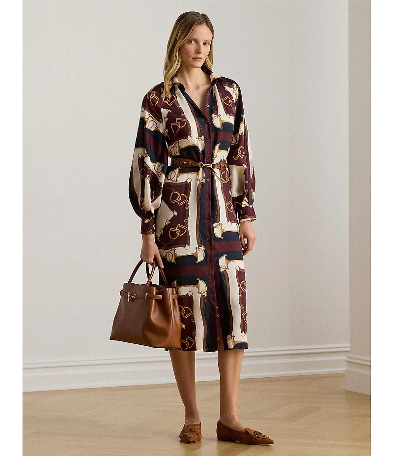 Lauren Ralph Lauren Luxe Twill Equestrian Inspired Print Point Collar Long Sleeve Button Front Midi Shirtdress