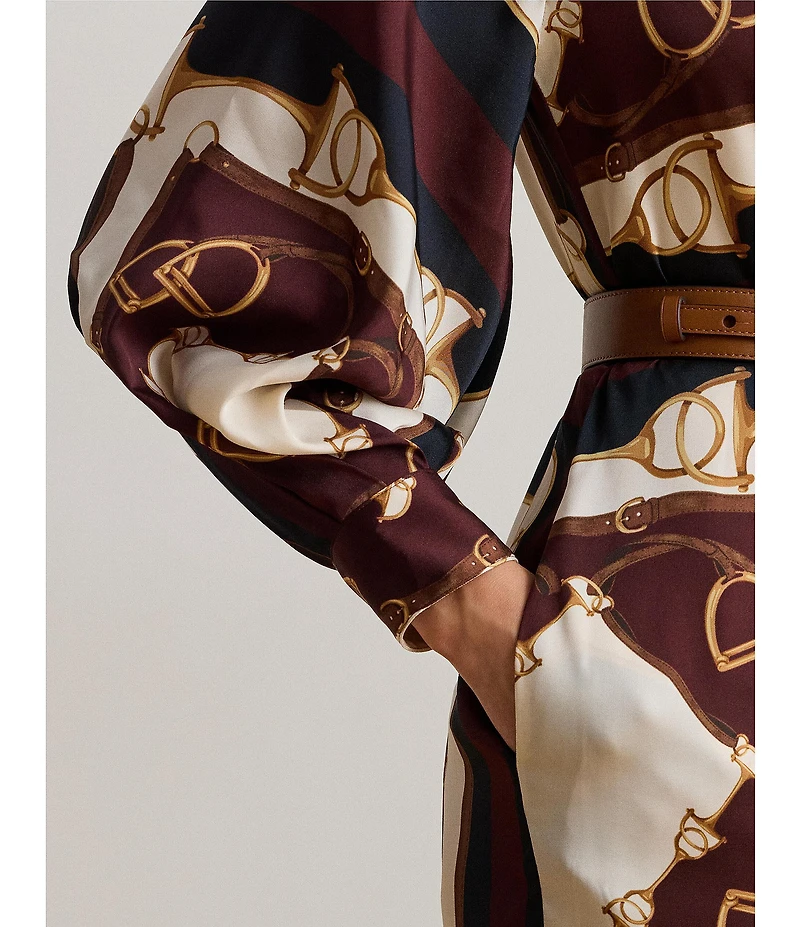 Lauren Ralph Lauren Luxe Twill Equestrian Inspired Print Point Collar Long Sleeve Button Front Midi Shirtdress