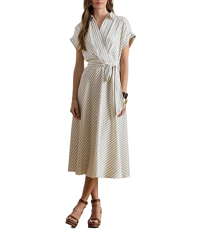 Lauren Ralph Lauren Luxe Twill Stripe Surplice Spread Collar Short Rolled Sleeve Belted Dress