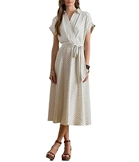 Lauren Ralph Lauren Luxe Twill Stripe Surplice Spread Collar Short Rolled Sleeve Belted Dress