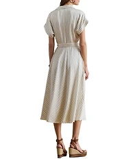 Lauren Ralph Lauren Luxe Twill Stripe Surplice Spread Collar Short Rolled Sleeve Belted Dress