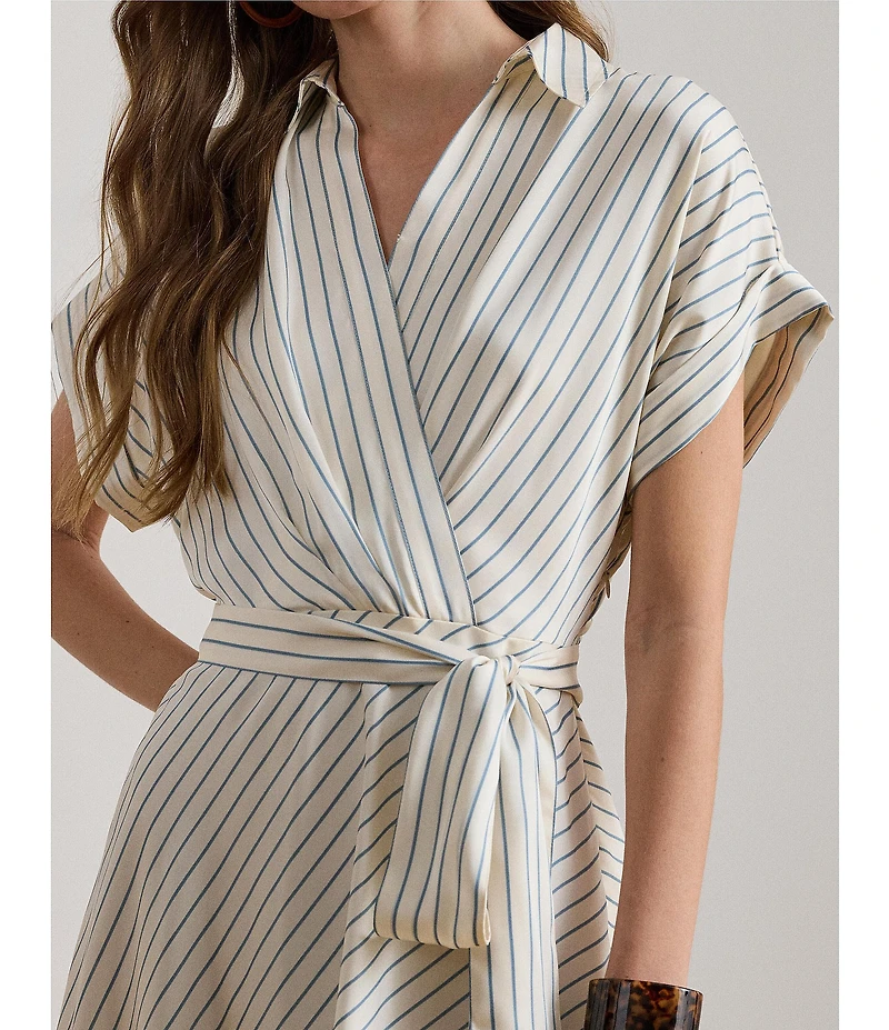 Lauren Ralph Lauren Luxe Twill Stripe Surplice Spread Collar Short Rolled Sleeve Belted Dress