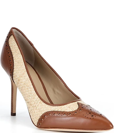 Lauren Ralph Lauren Lynden Raffia And Perforated Leather Pointed Toe Pumps