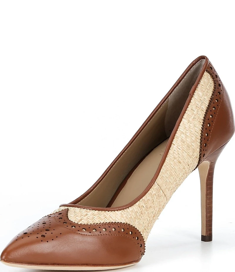 Lauren Ralph Lauren Lynden Raffia And Perforated Leather Pointed Toe Pumps